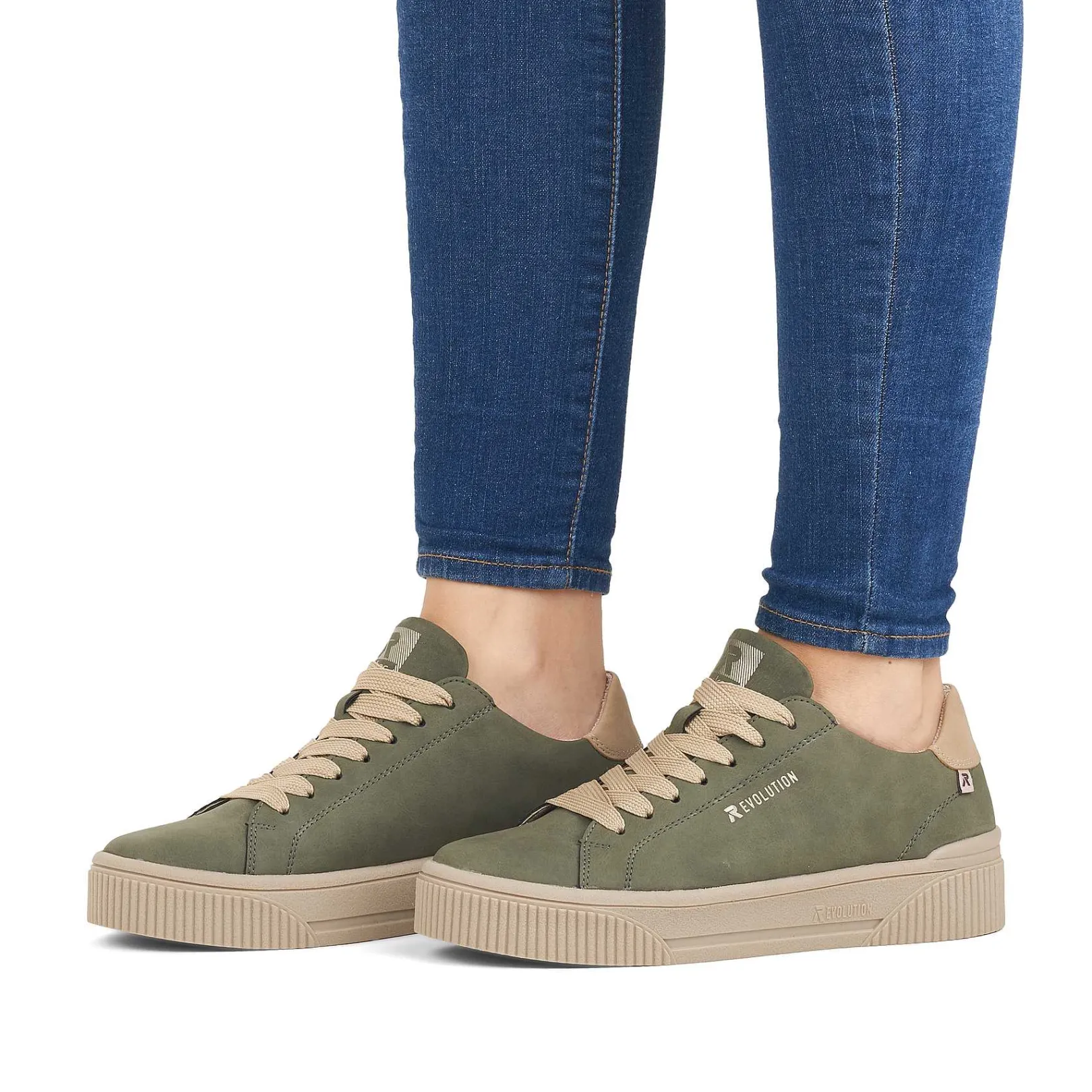 Outlet Women'S Sneaker Low Khaki-Green Cream-Beige Ladies Sneakers