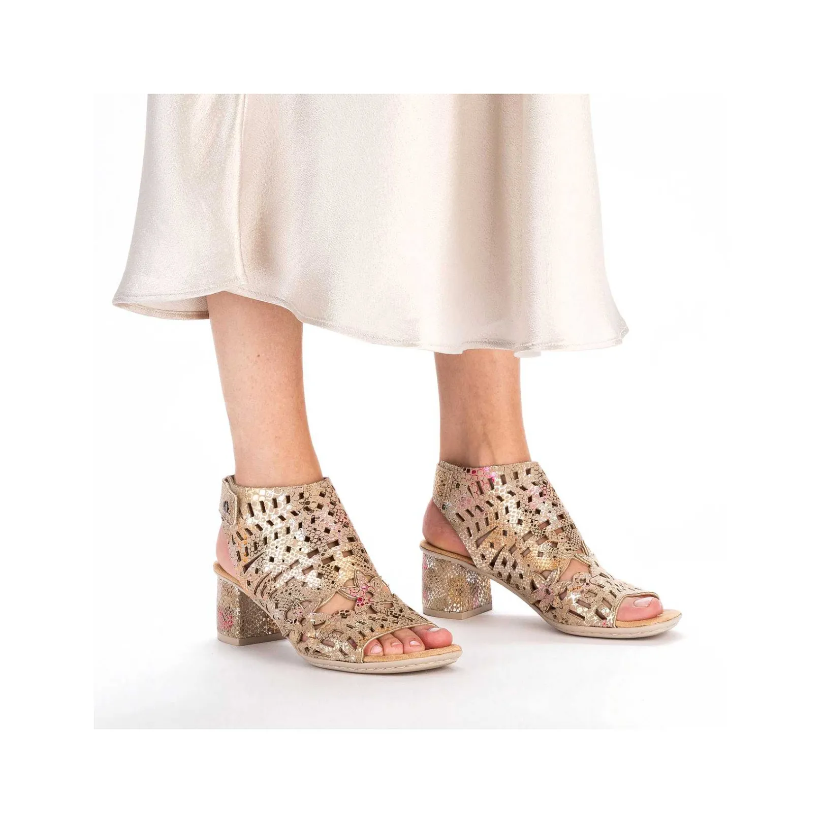 Discount Women'S Strappy Sandals Bronze Metallic Ladies Heeled Shoes
