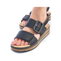 New Women'S Wedge Sandals Jet Black Ladies Heeled Shoes
