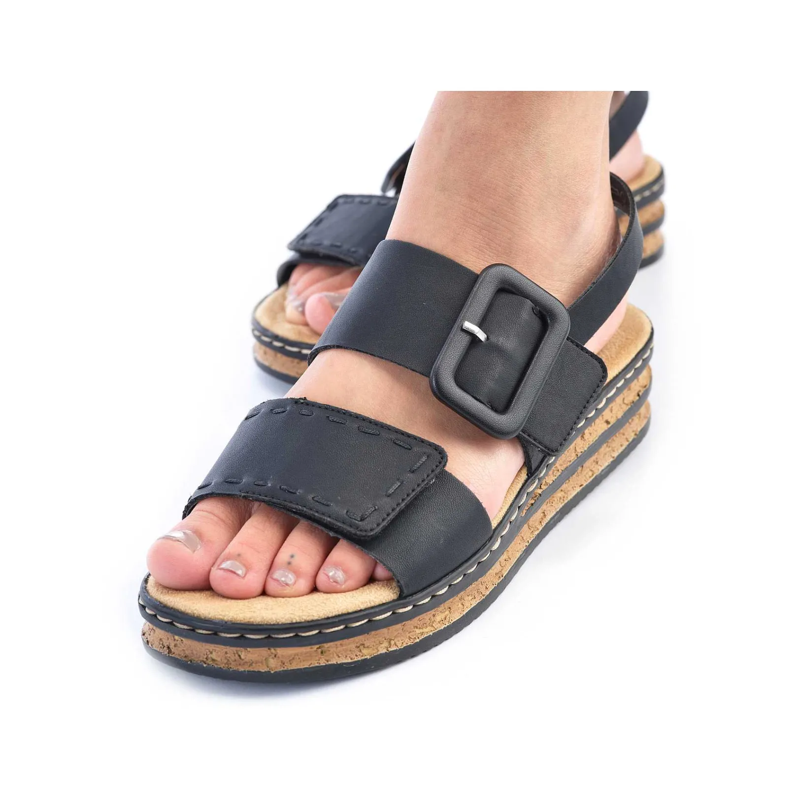 New Women'S Wedge Sandals Jet Black Ladies Heeled Shoes
