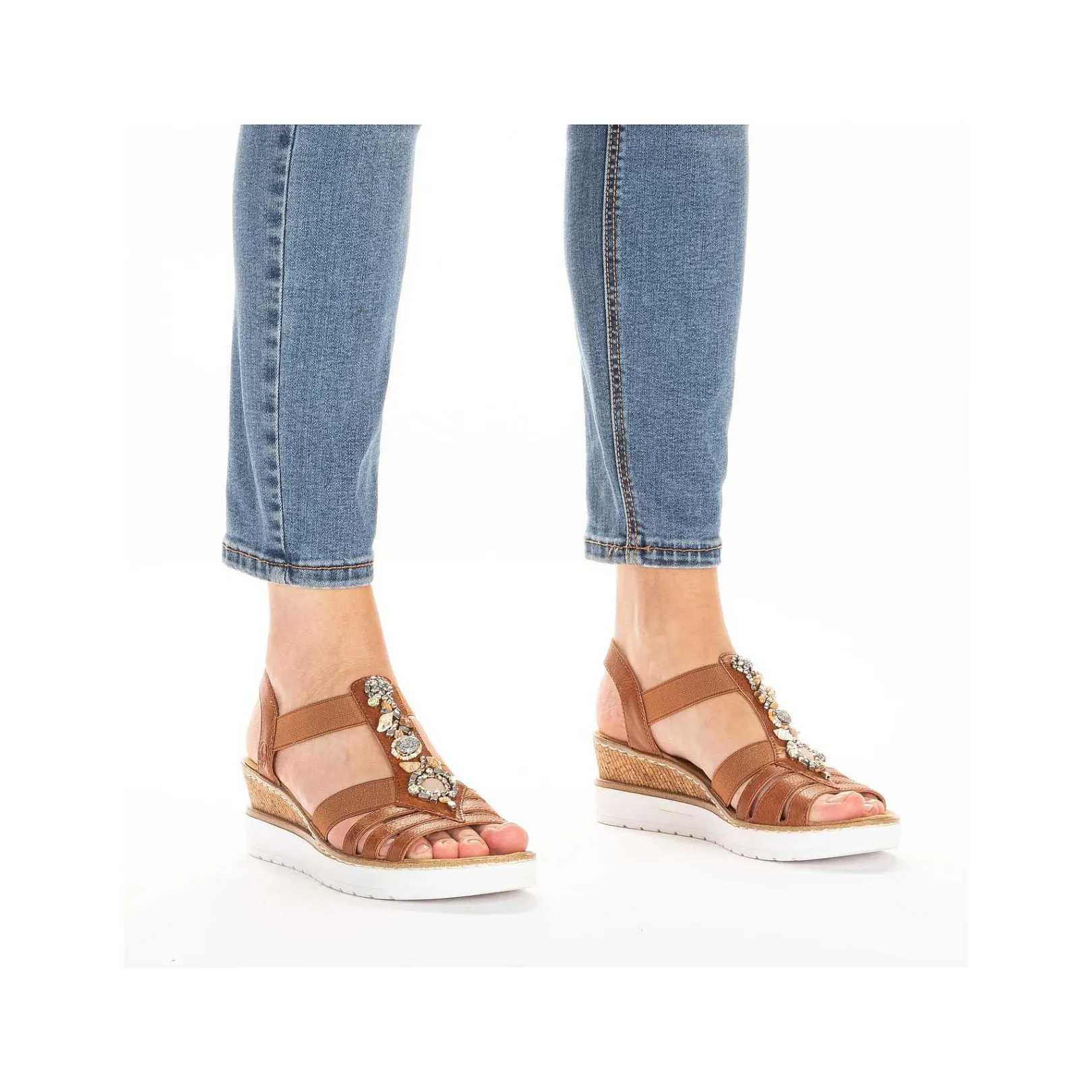 Discount Women'S Wedge Sandals Caramel Brown-Pure White Ladies Heeled Shoes
