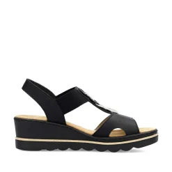 Clearance Women'S Wedge Sandals Jet Black Ladies Heeled Shoes