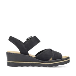 Discount Women'S Wedge Sandals Jet Black Ladies Heeled Shoes