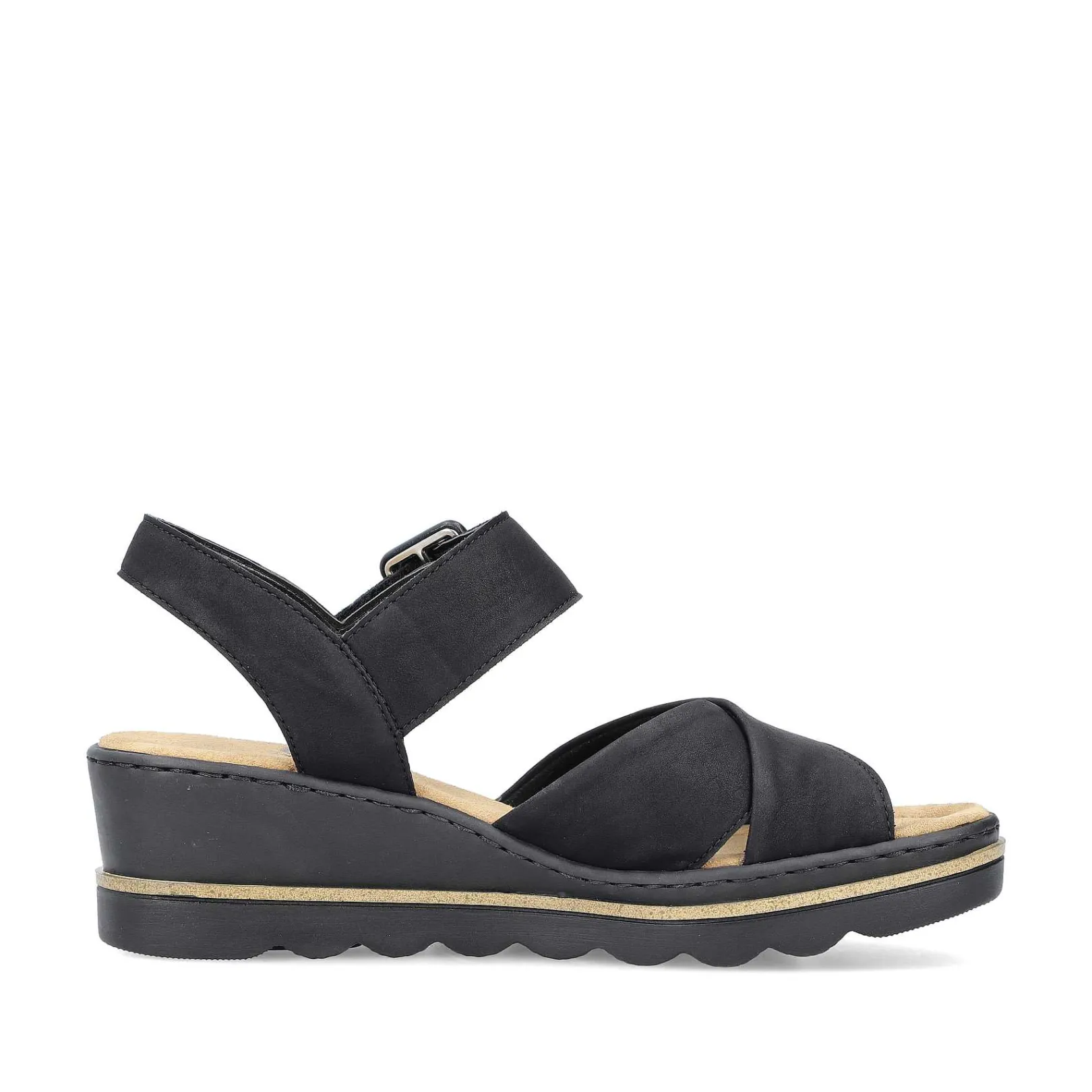 Discount Women'S Wedge Sandals Jet Black Ladies Heeled Shoes
