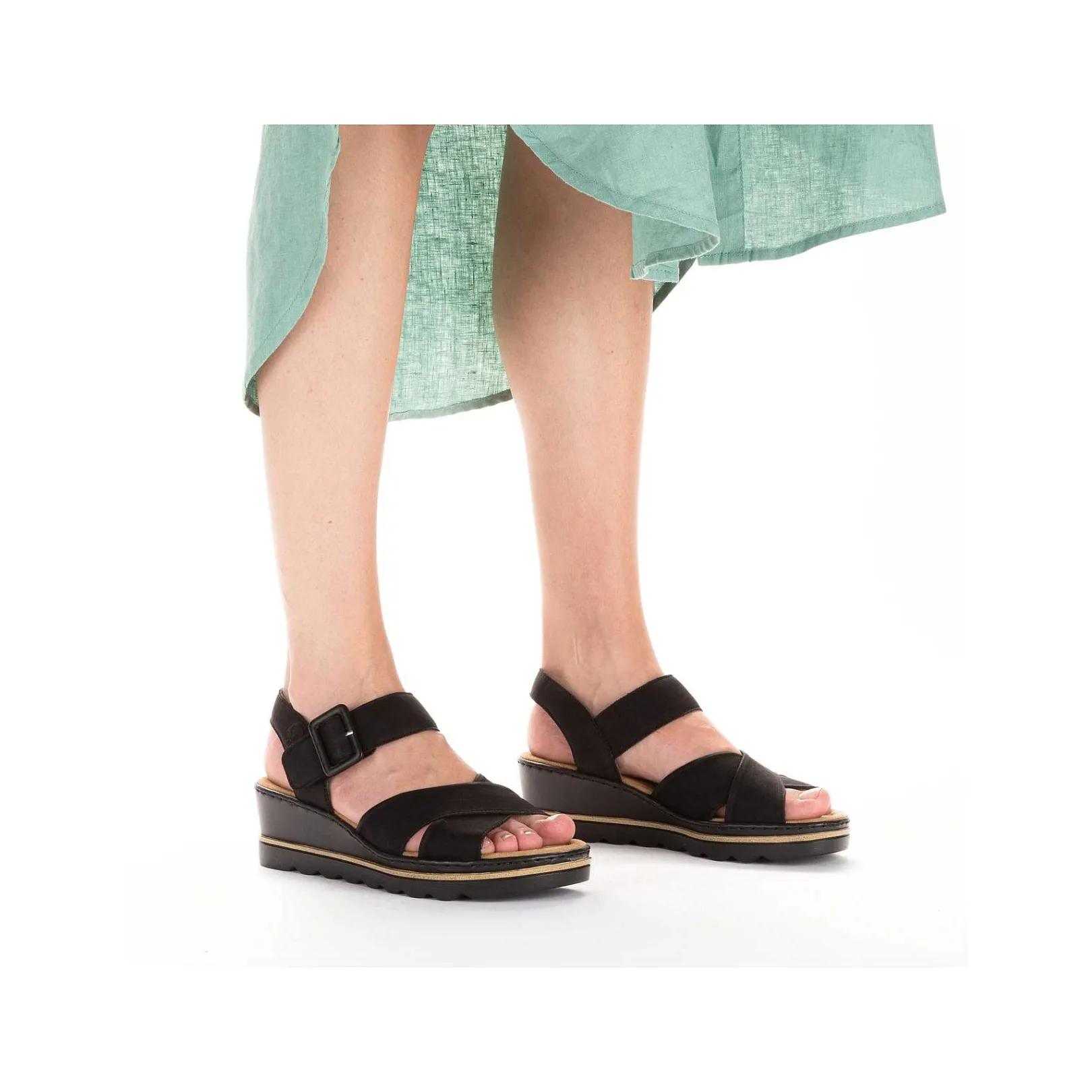 Discount Women'S Wedge Sandals Jet Black Ladies Heeled Shoes
