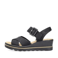 Discount Women'S Wedge Sandals Jet Black Ladies Heeled Shoes