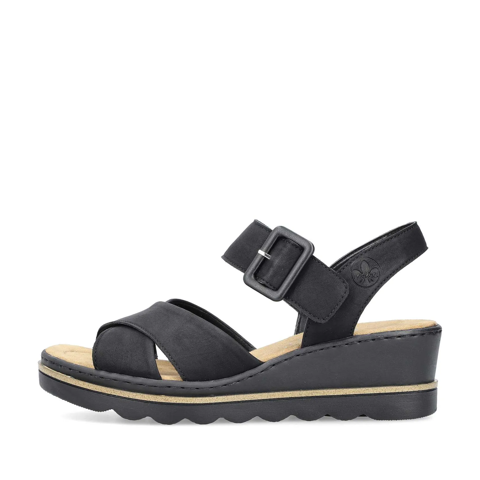 Discount Women'S Wedge Sandals Jet Black Ladies Heeled Shoes
