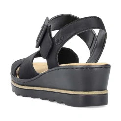Discount Women'S Wedge Sandals Jet Black Ladies Heeled Shoes